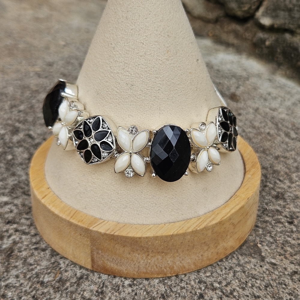 Napier Black White Silver Floral Slider Bracelet Women's Jewelry